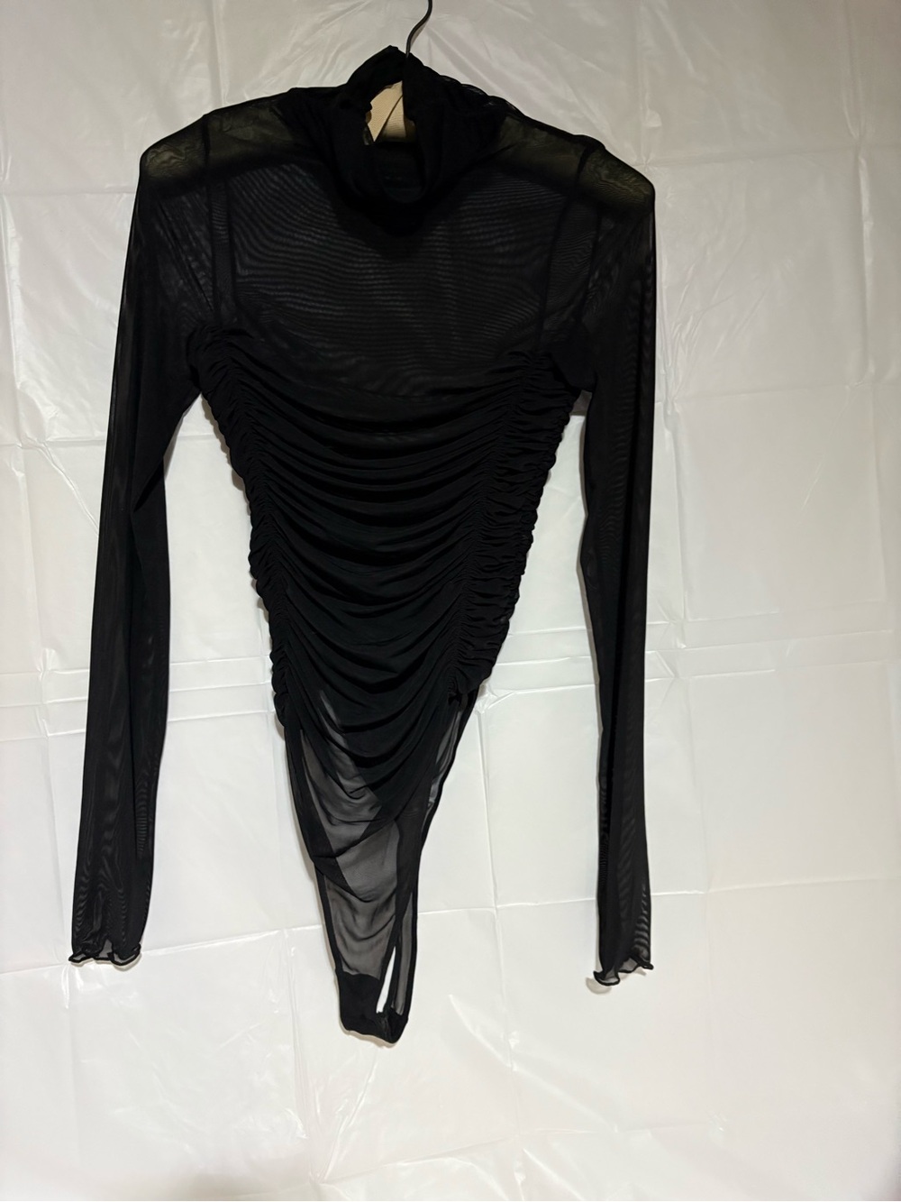 Free People Black Sheer Ruched Long-Sleeve Bodysuit